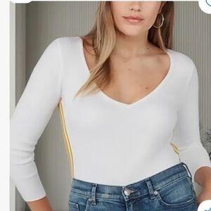 Express White and Yellow V-Neck Bodysuit
